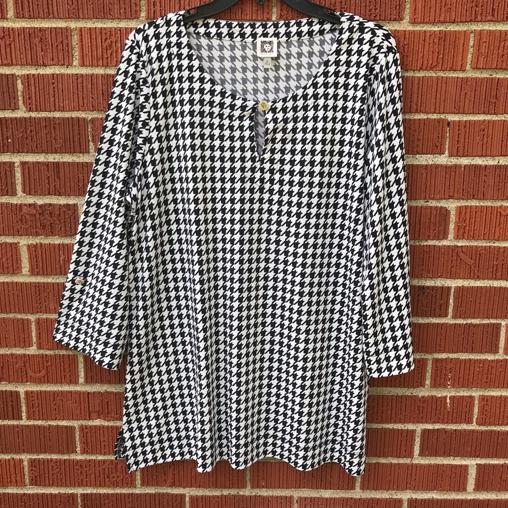 Anne Klein Black & White Houndstooth Pullover Tunic XL blouse shirt top